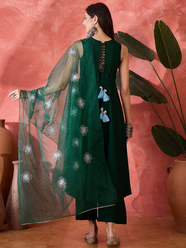 Stylum Women's Green Solid & Embellished Rayon Flared Kurta Palazzo Dupatta Set (KPDGREENPURVI)