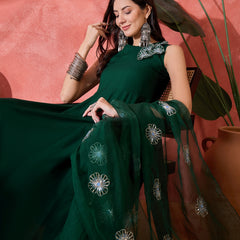 Stylum Women's Green Solid & Embellished Rayon Flared Kurta Palazzo Dupatta Set (KPDGREENPURVI)