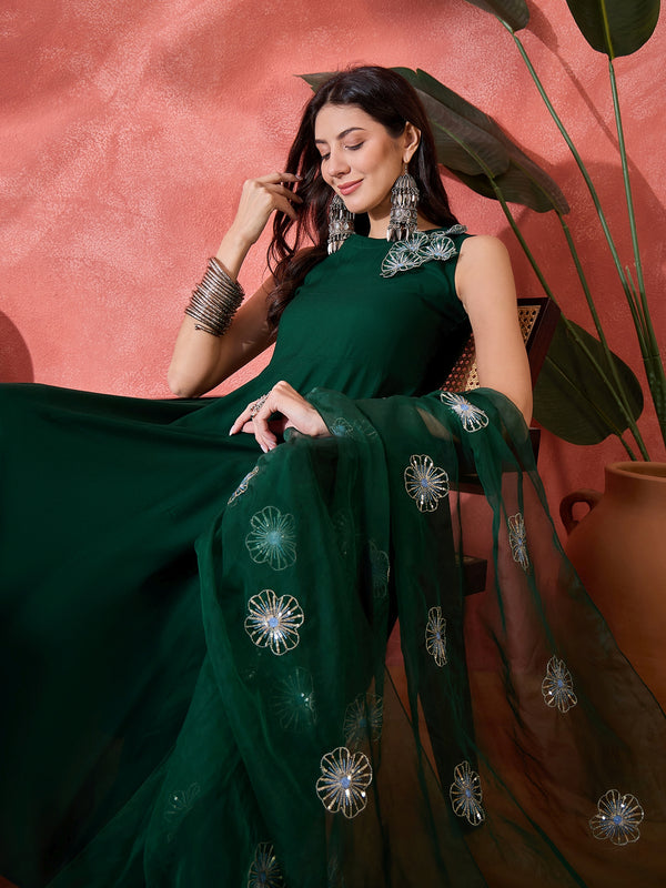 Stylum Women's Green Solid & Embellished Rayon Flared Kurta Palazzo Dupatta Set (KPDGREENPURVI)