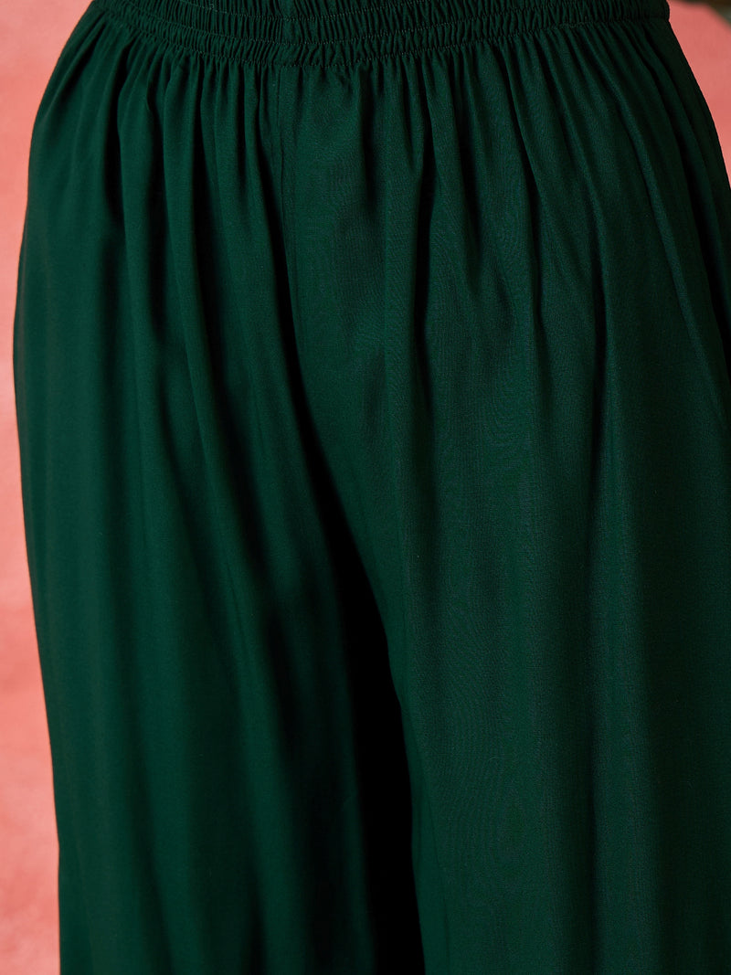 Stylum Women's Green Solid & Embellished Rayon Flared Kurta Palazzo Dupatta Set (KPDGREENPURVI)