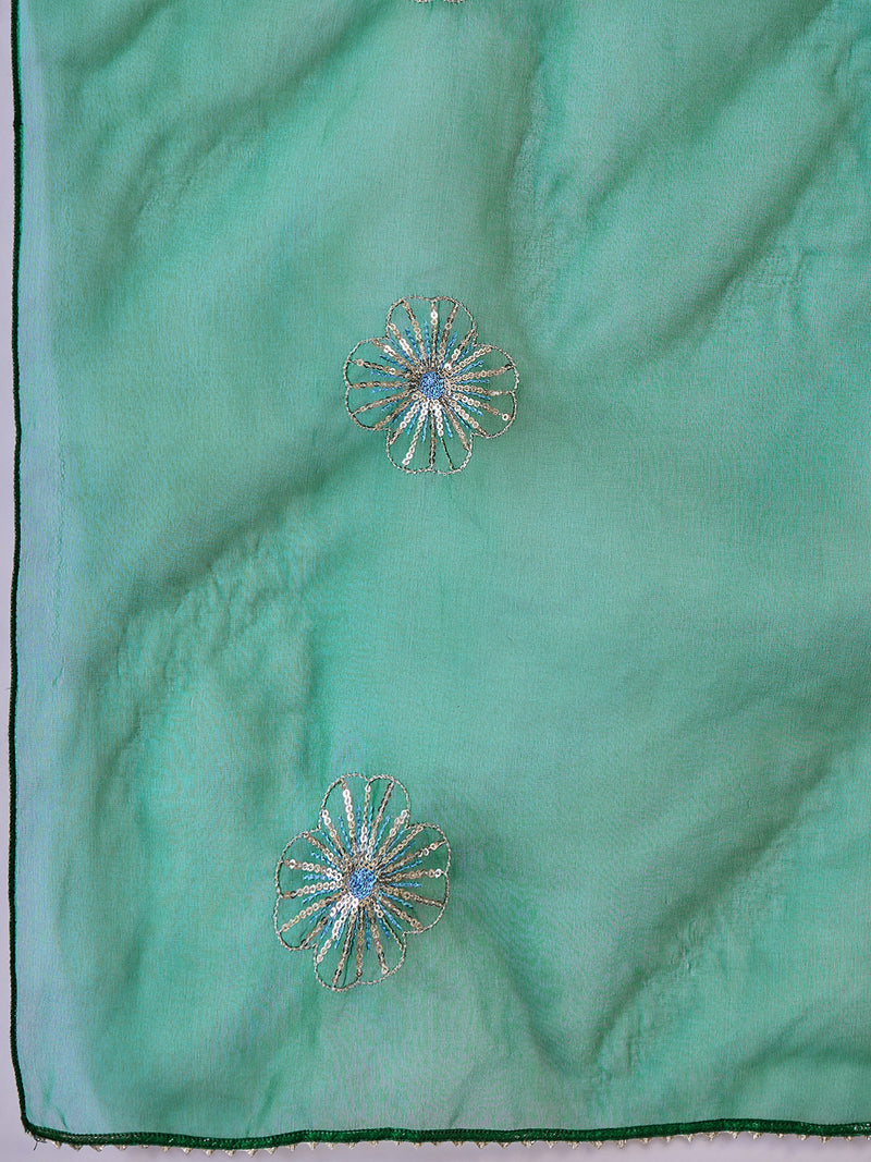 Stylum Women's Green Solid & Embellished Rayon Flared Kurta Palazzo Dupatta Set (KPDGREENPURVI)