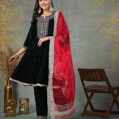 Stylum Women's Green Solid & Embroidered Velvet Flared Short Kurta Pant Dupatta Set (KPDGREENRESHMA)