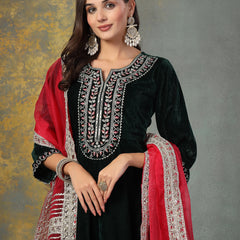 Stylum Women's Green Solid & Embroidered Velvet Flared Short Kurta Pant Dupatta Set (KPDGREENRESHMA)