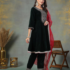 Stylum Women's Green Solid & Embroidered Velvet Flared Short Kurta Pant Dupatta Set (KPDGREENRESHMA)