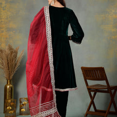 Stylum Women's Green Solid & Embroidered Velvet Flared Short Kurta Pant Dupatta Set (KPDGREENRESHMA)