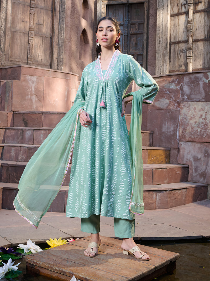 Stylum Women's Green Printed & Embroidered A-Line Kurta Pant Dupatta Set (KPDGREENRICH)