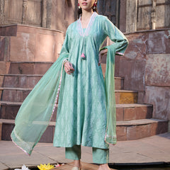 Stylum Women's Green Printed & Embroidered A-Line Kurta Pant Dupatta Set (KPDGREENRICH)