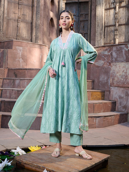 Stylum Women's Green Printed & Embroidered A-Line Kurta Pant Dupatta Set (KPDGREENRICH)