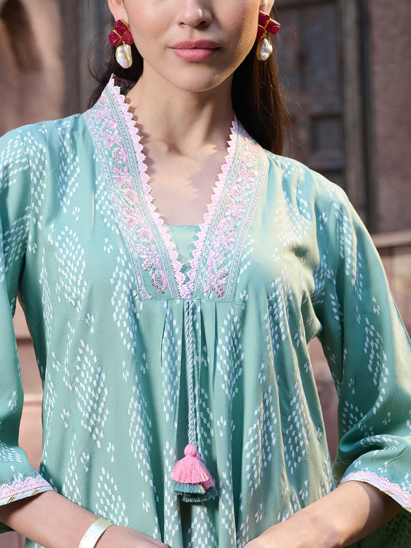 Stylum Women's Green Printed & Embroidered A-Line Kurta Pant Dupatta Set (KPDGREENRICH)