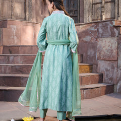 Stylum Women's Green Printed & Embroidered A-Line Kurta Pant Dupatta Set (KPDGREENRICH)