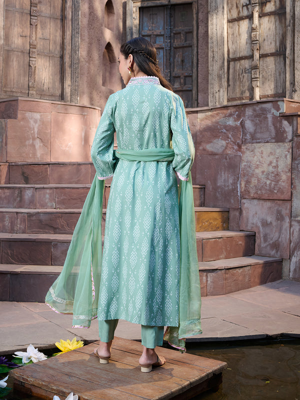 Stylum Women's Green Printed & Embroidered A-Line Kurta Pant Dupatta Set (KPDGREENRICH)