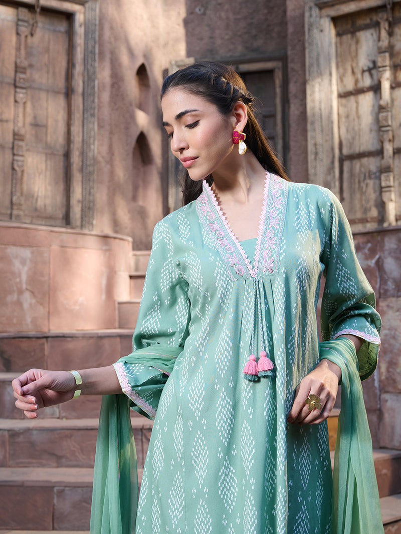 Stylum Women's Green Printed & Embroidered A-Line Kurta Pant Dupatta Set (KPDGREENRICH)