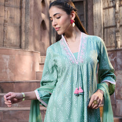 Stylum Women's Green Printed & Embroidered A-Line Kurta Pant Dupatta Set (KPDGREENRICH)