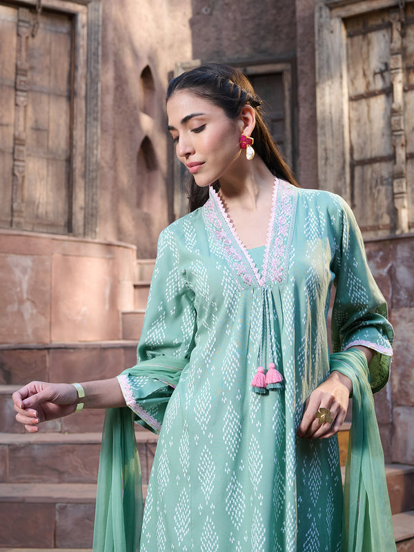 Stylum Women's Green Printed & Embroidered A-Line Kurta Pant Dupatta Set (KPDGREENRICH)