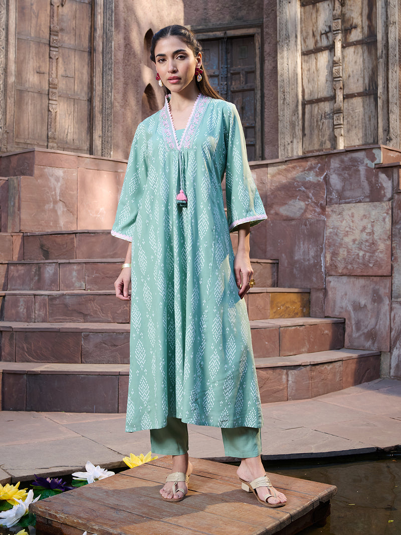 Stylum Women's Green Printed & Embroidered A-Line Kurta Pant Dupatta Set (KPDGREENRICH)