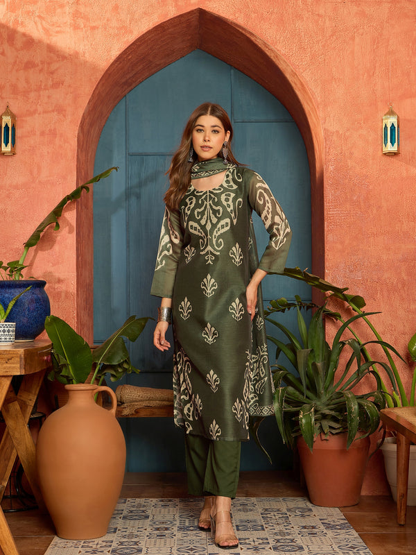 Stylum Women's Green Ikkat Printed Chanderi Straight Kurta Pant Dupatta Set (KPDGREENROCHAK)