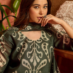 Stylum Women's Green Ikkat Printed Chanderi Straight Kurta Pant Dupatta Set (KPDGREENROCHAK)