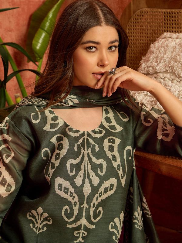 Stylum Women's Green Ikkat Printed Chanderi Straight Kurta Pant Dupatta Set (KPDGREENROCHAK)