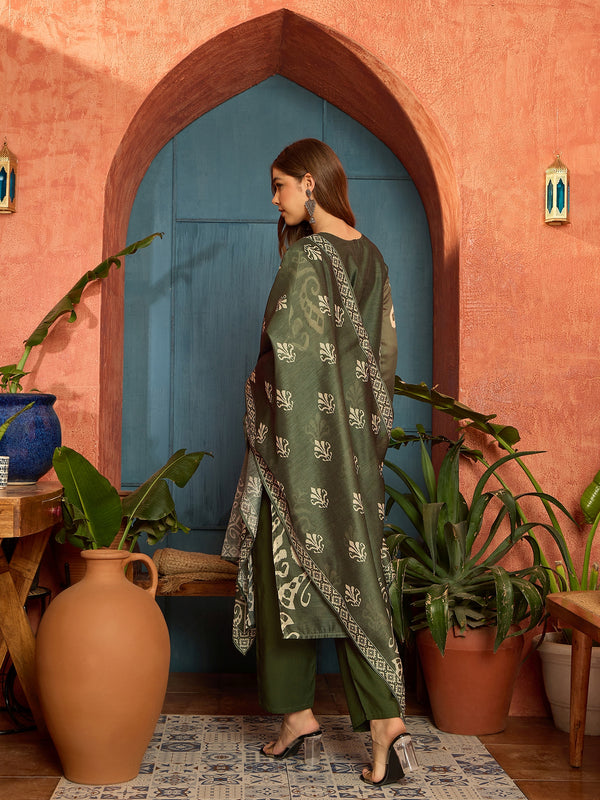 Stylum Women's Green Ikkat Printed Chanderi Straight Kurta Pant Dupatta Set (KPDGREENROCHAK)