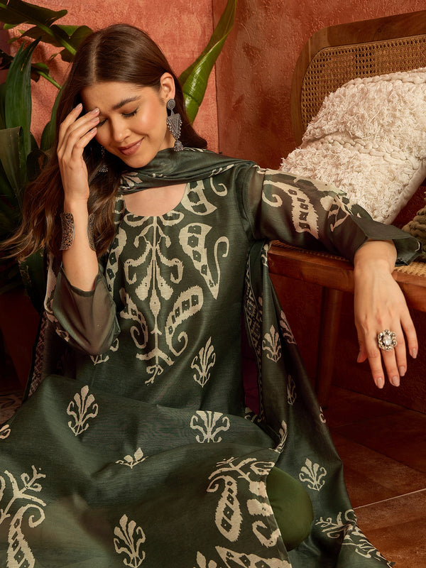Stylum Women's Green Ikkat Printed Chanderi Straight Kurta Pant Dupatta Set (KPDGREENROCHAK)