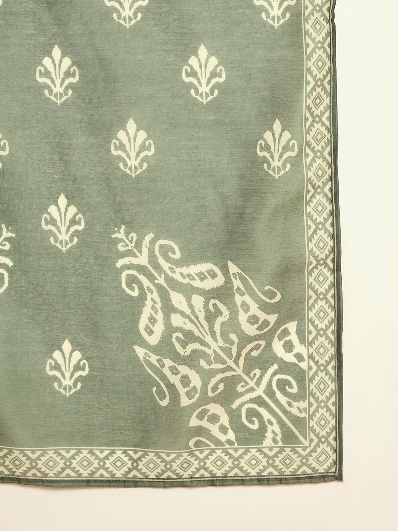 Stylum Women's Green Ikkat Printed Chanderi Straight Kurta Pant Dupatta Set (KPDGREENROCHAK)