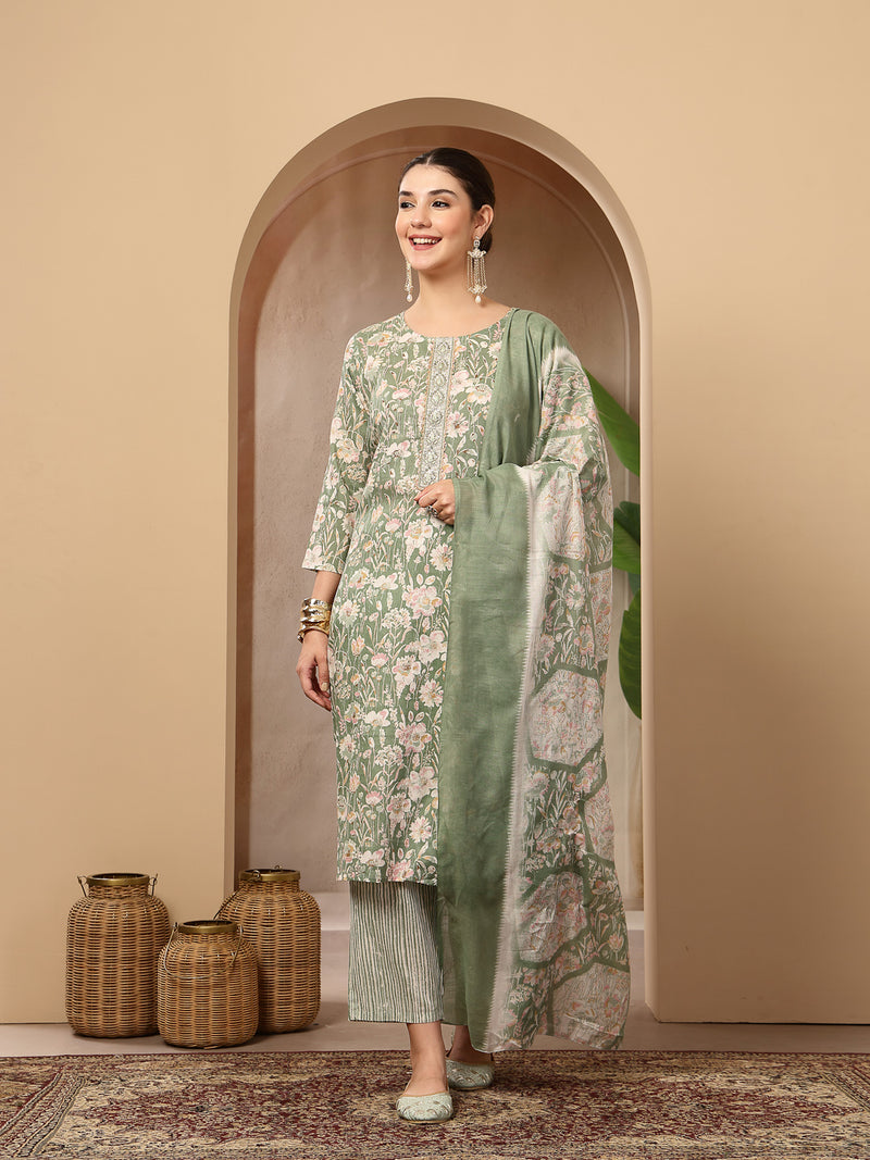 Stylum Women's Green Floral Printed Cotton Straight Kurta Pant Dupatta Set (KPDGREENROHINI)