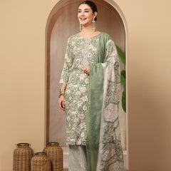 Stylum Women's Green Floral Printed Cotton Straight Kurta Pant Dupatta Set (KPDGREENROHINI)