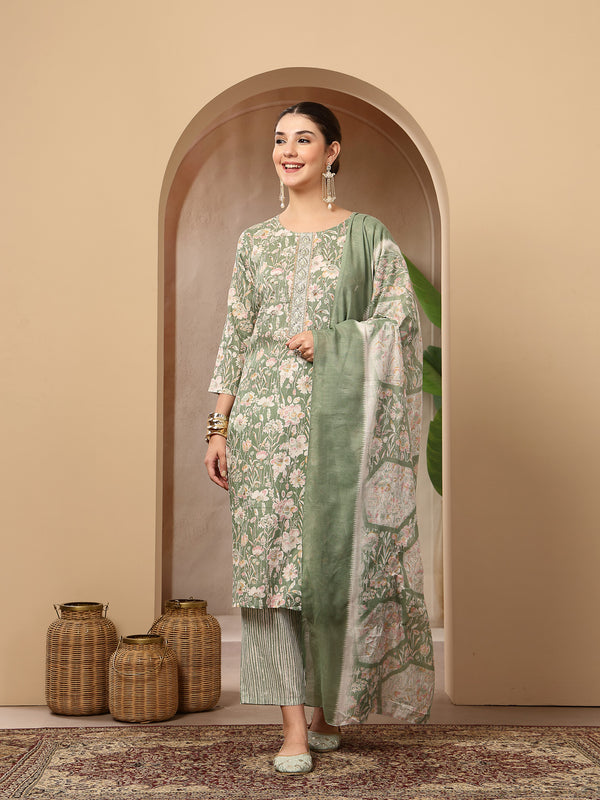 Stylum Women's Green Floral Printed Cotton Straight Kurta Pant Dupatta Set (KPDGREENROHINI)
