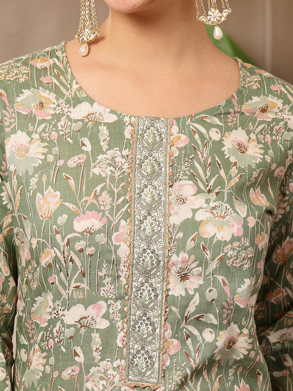 Stylum Women's Green Floral Printed Cotton Straight Kurta Pant Dupatta Set (KPDGREENROHINI)