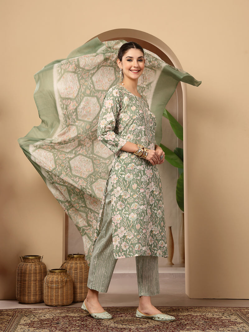 Stylum Women's Green Floral Printed Cotton Straight Kurta Pant Dupatta Set (KPDGREENROHINI)