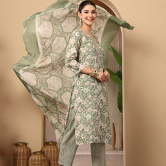 Stylum Women's Green Floral Printed Cotton Straight Kurta Pant Dupatta Set (KPDGREENROHINI)