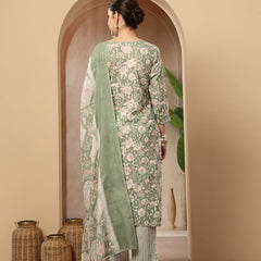 Stylum Women's Green Floral Printed Cotton Straight Kurta Pant Dupatta Set (KPDGREENROHINI)