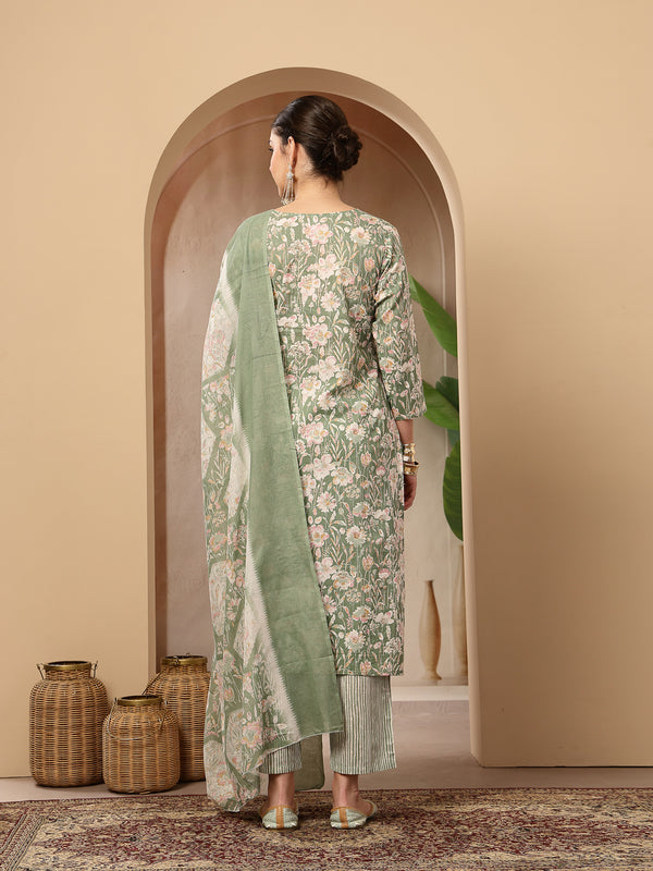 Stylum Women's Green Floral Printed Cotton Straight Kurta Pant Dupatta Set (KPDGREENROHINI)