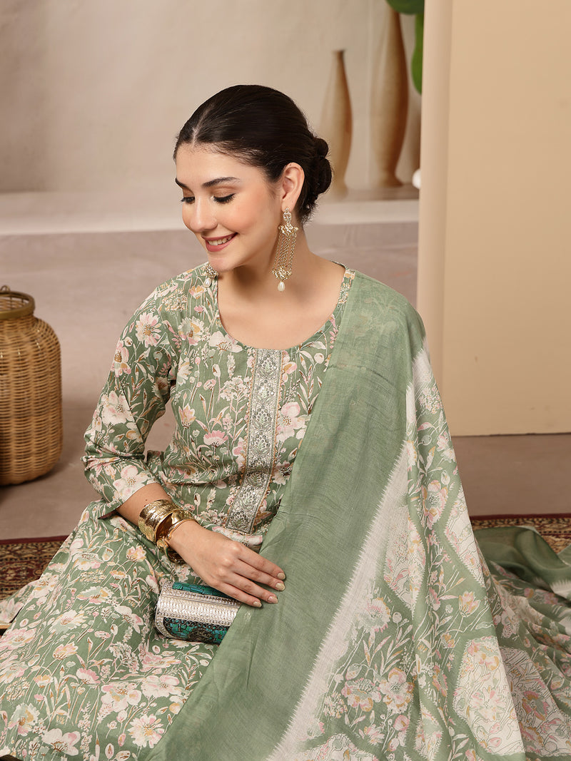 Stylum Women's Green Floral Printed Cotton Straight Kurta Pant Dupatta Set (KPDGREENROHINI)