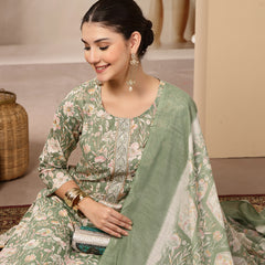 Stylum Women's Green Floral Printed Cotton Straight Kurta Pant Dupatta Set (KPDGREENROHINI)