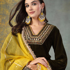 Stylum Women's Green Solid & Embroidered Velvet Straight Kurta Pant Dupatta Set (KPDGREENSABINA)