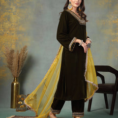 Stylum Women's Green Solid & Embroidered Velvet Straight Kurta Pant Dupatta Set (KPDGREENSABINA)