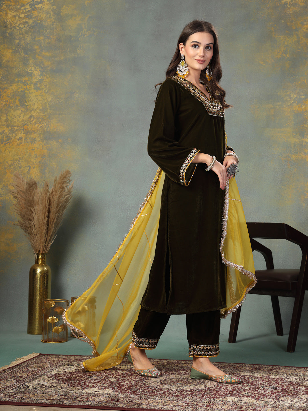 Stylum Women's Green Solid & Embroidered Velvet Straight Kurta Pant Dupatta Set (KPDGREENSABINA)