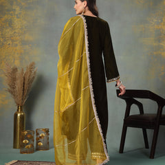 Stylum Women's Green Solid & Embroidered Velvet Straight Kurta Pant Dupatta Set (KPDGREENSABINA)