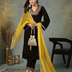 Stylum Women's Green Solid & Embroidered Velvet Straight Kurta Pant Dupatta Set (KPDGREENSABINA)