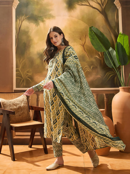 Stylum Women's Green Geometric Printed Cotton Blend Straight Kurta Pant Dupatta Set (KPDGREENSABU)