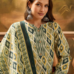 Stylum Women's Green Geometric Printed Cotton Blend Straight Kurta Pant Dupatta Set (KPDGREENSABU)
