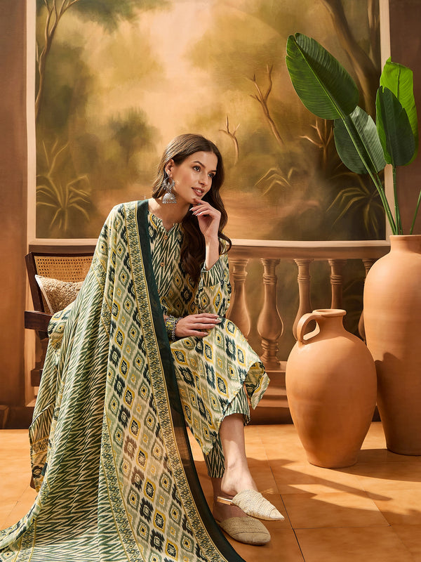 Stylum Women's Green Geometric Printed Cotton Blend Straight Kurta Pant Dupatta Set (KPDGREENSABU)