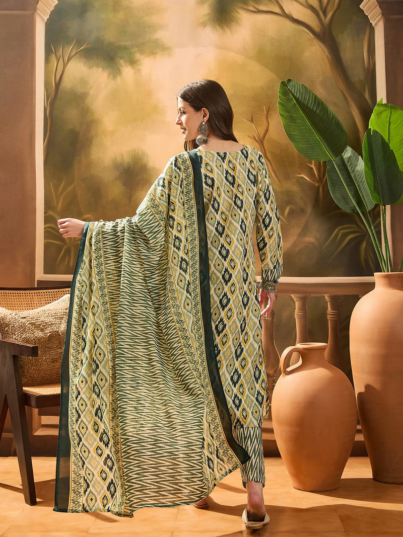 Stylum Women's Green Geometric Printed Cotton Blend Straight Kurta Pant Dupatta Set (KPDGREENSABU)