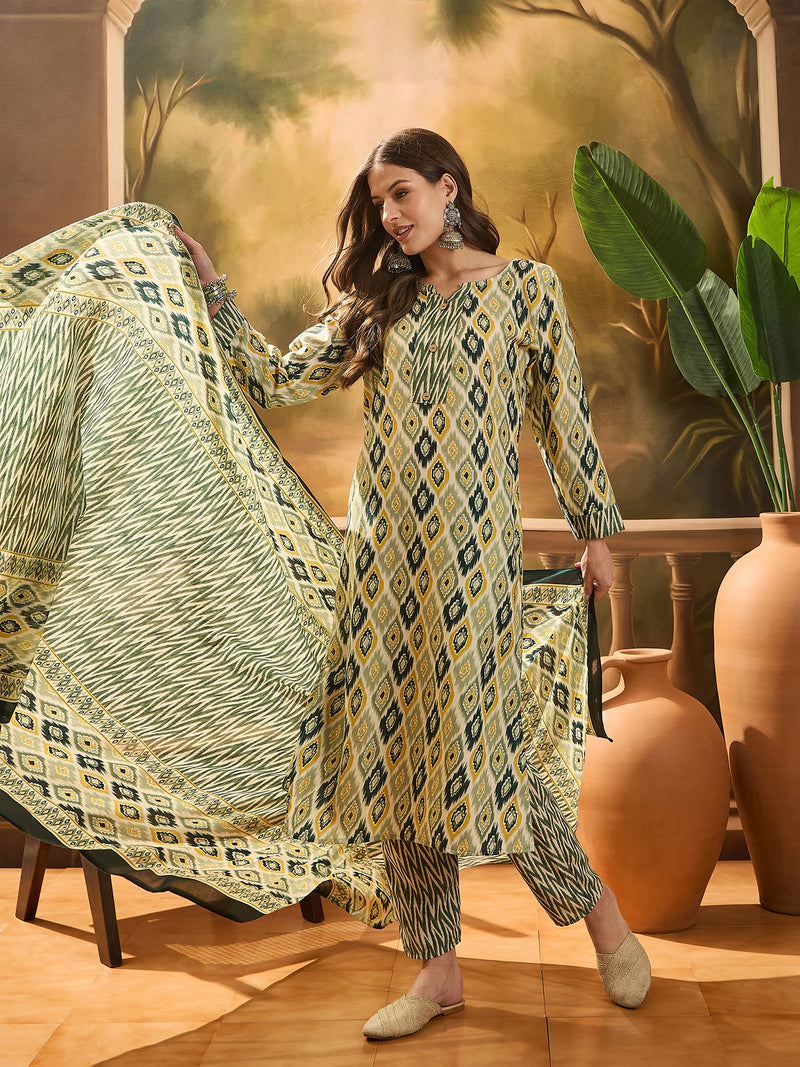 Stylum Women's Green Geometric Printed Cotton Blend Straight Kurta Pant Dupatta Set (KPDGREENSABU)