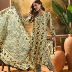 Stylum Women's Green Geometric Printed Cotton Blend Straight Kurta Pant Dupatta Set (KPDGREENSABU)