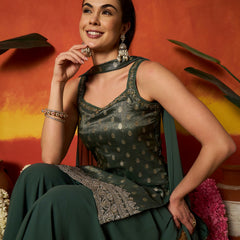 Stylum Women's Green Woven Design & Embroidered Brocade Straight Kurti Palazzo Dupatta Set (KPDGREENSANDESH)