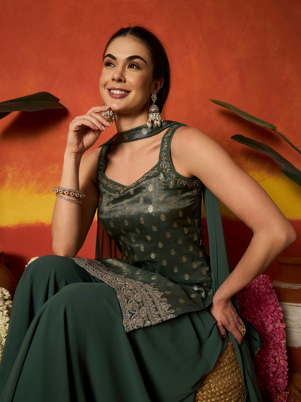 Stylum Women's Green Woven Design & Embroidered Brocade Straight Kurti Palazzo Dupatta Set (KPDGREENSANDESH)