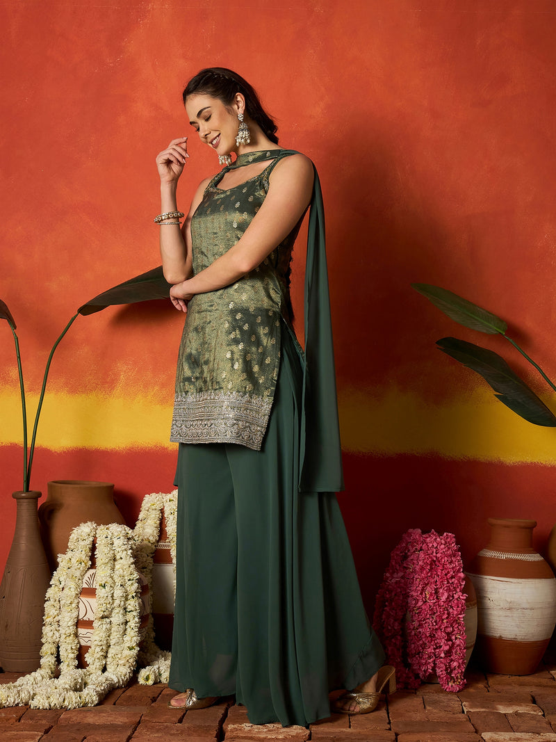Stylum Women's Green Woven Design & Embroidered Brocade Straight Kurti Palazzo Dupatta Set (KPDGREENSANDESH)