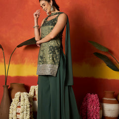 Stylum Women's Green Woven Design & Embroidered Brocade Straight Kurti Palazzo Dupatta Set (KPDGREENSANDESH)
